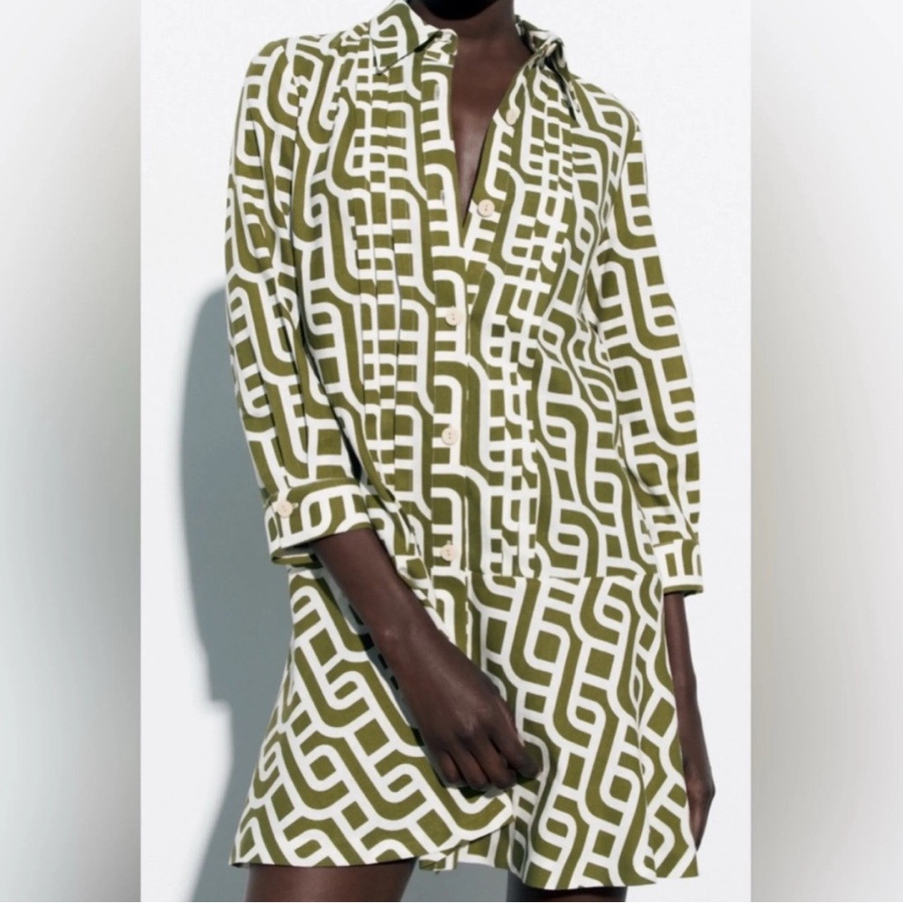 Zara Olive Geometric Long Sleeve Dress NWT